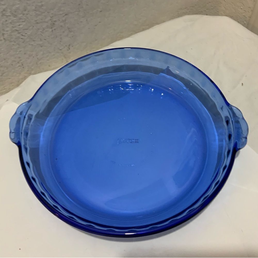 Vtg PYREX Cobalt Blue Glass Fluted Pie Pan Crimped Deep Dish Plate 229 ~…